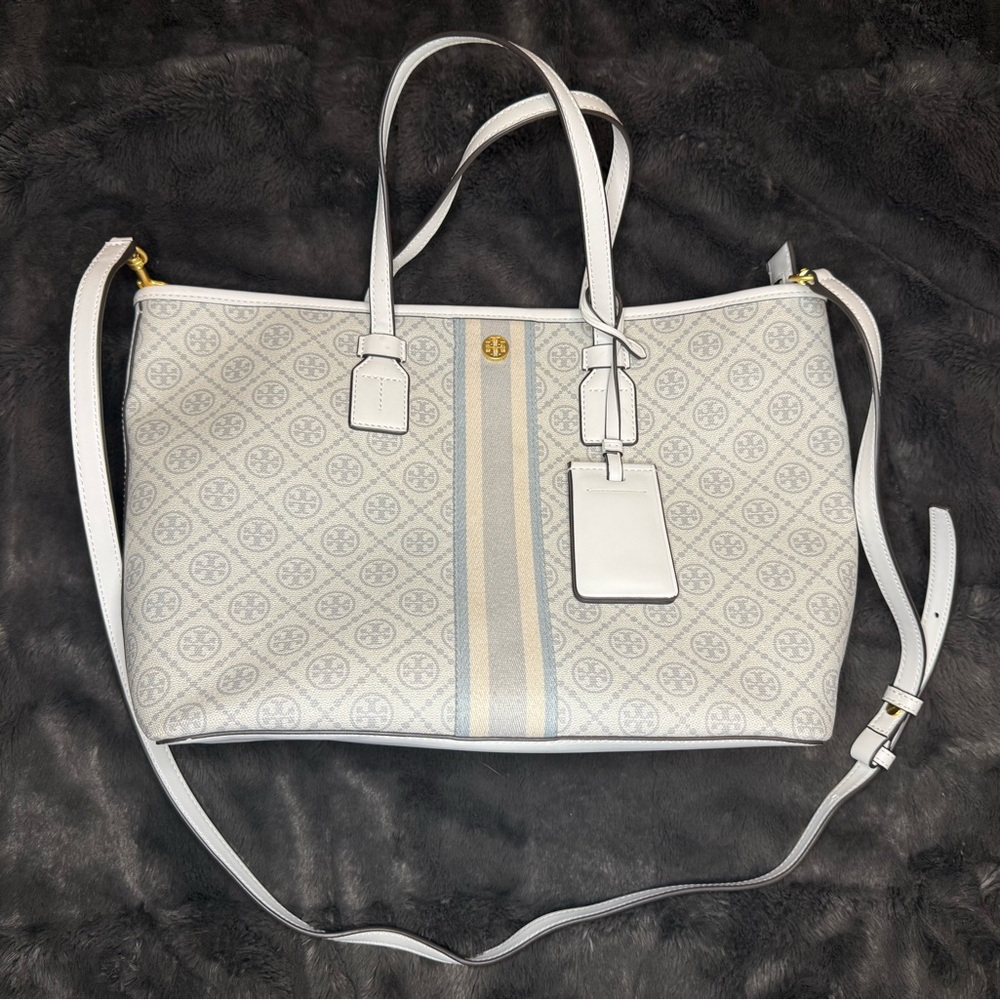 Tory Burch patterned white and blue tote bag